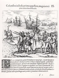 Colón en lo que primero se llamó India, recibido por los indios con regalos